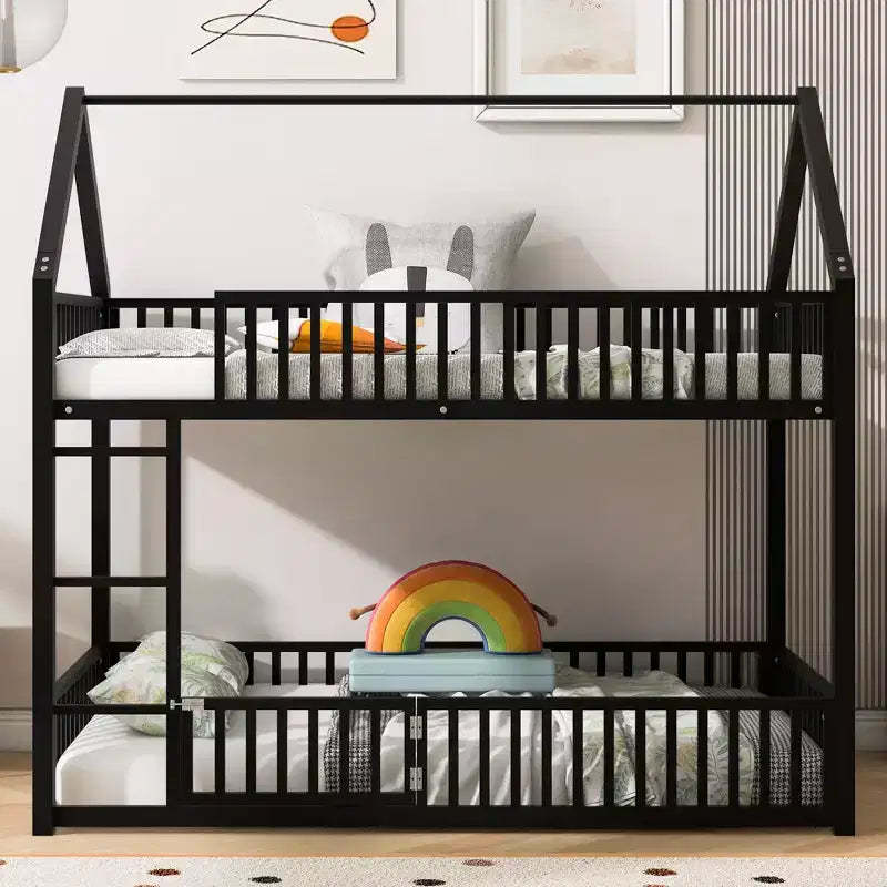 Okak 78IN Twin-Over-Twin Size Metal Bunk Bed, Bed Frames with Fence, Door and Safety Guardrail, Kids Bunk Beds for Kids Room, Bedroom, Black
