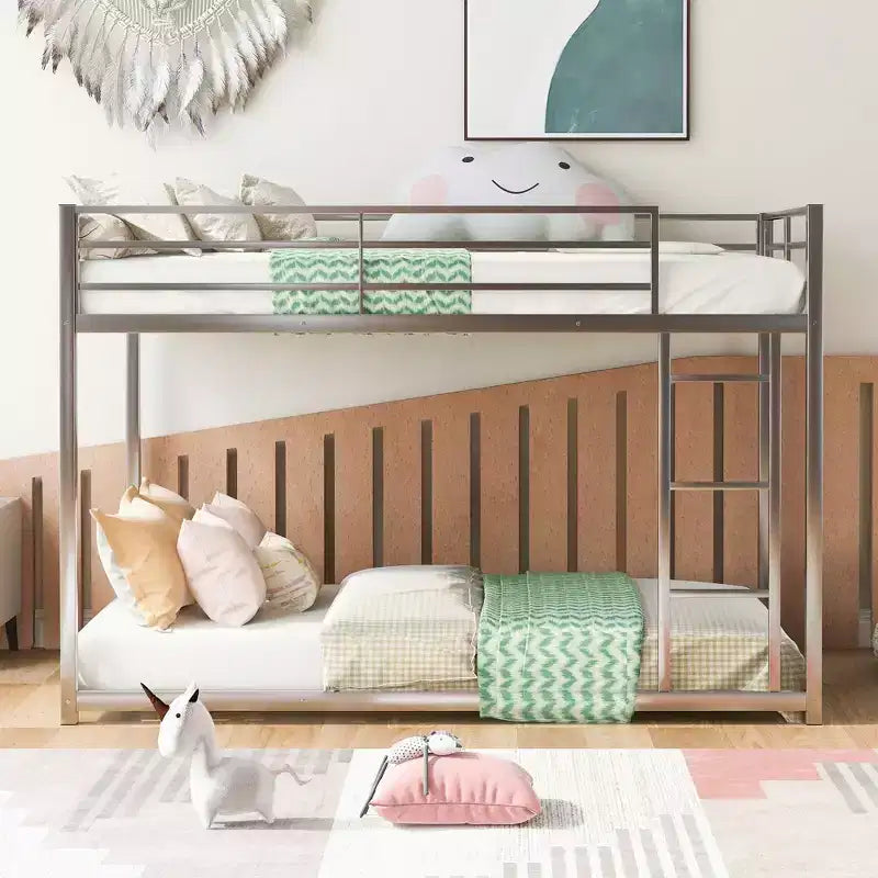 Okak 77.1IN Twin-Over-Twin Size Metal Floor Bunk Bed, Twin Bed with Ladder and Safety Guardrail, Kids Bunk Beds for Bedroom, Dormitory, Silver