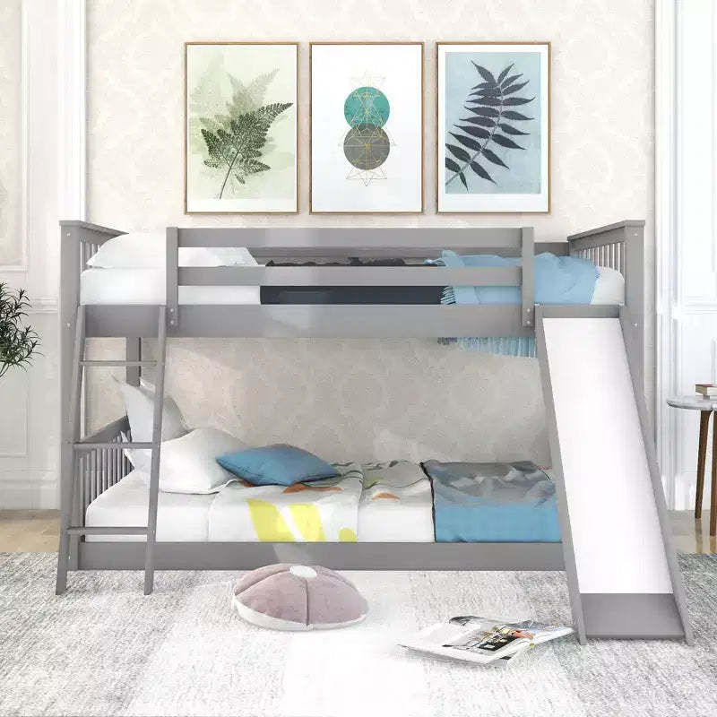 Okak 79.1IN Full-Over-Full Bunk Bed with Convertible Slide, Kids Bunk Beds with Guardrail and Ladder, Bed Frames for Kids Room, Play Room, Gray