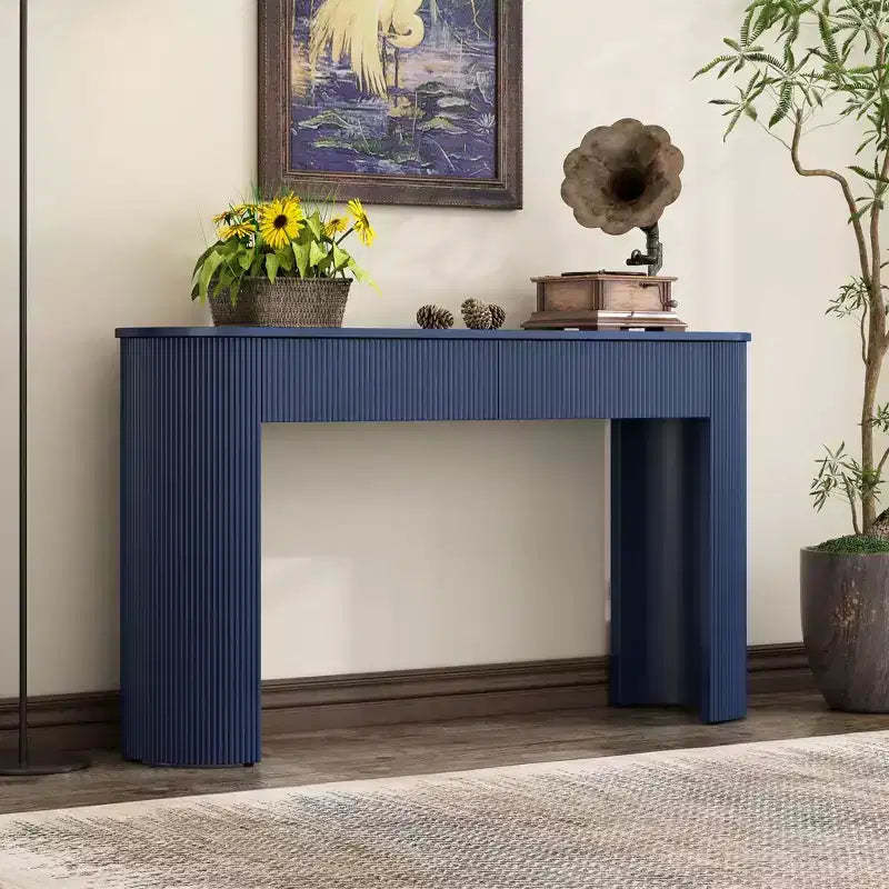 Okak 54IN Modern Console Table with Fluted Design, Entryway Table with 2 Storage Drawers and Oval Top, Accent Table for Hallway, Living Room, Navy