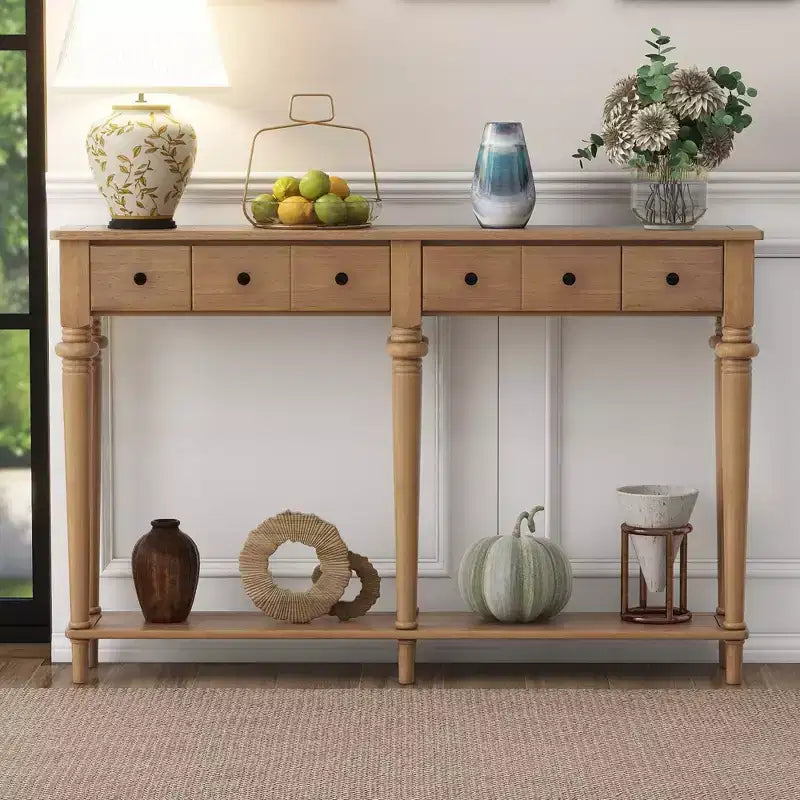 Okak 59.8IN Retro Entryway Table with 4 Drawers, Narrow Console Table with Open Shelves, Hallway Table for Living Room, Foyer, Old Pine