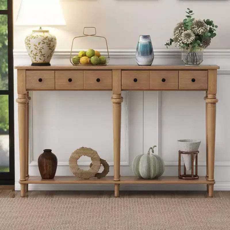 Okak 59.8IN Retro Entryway Table with 4 Drawers, Narrow Console Table with Open Shelves, Hallway Table for Living Room, Foyer, Old Pine