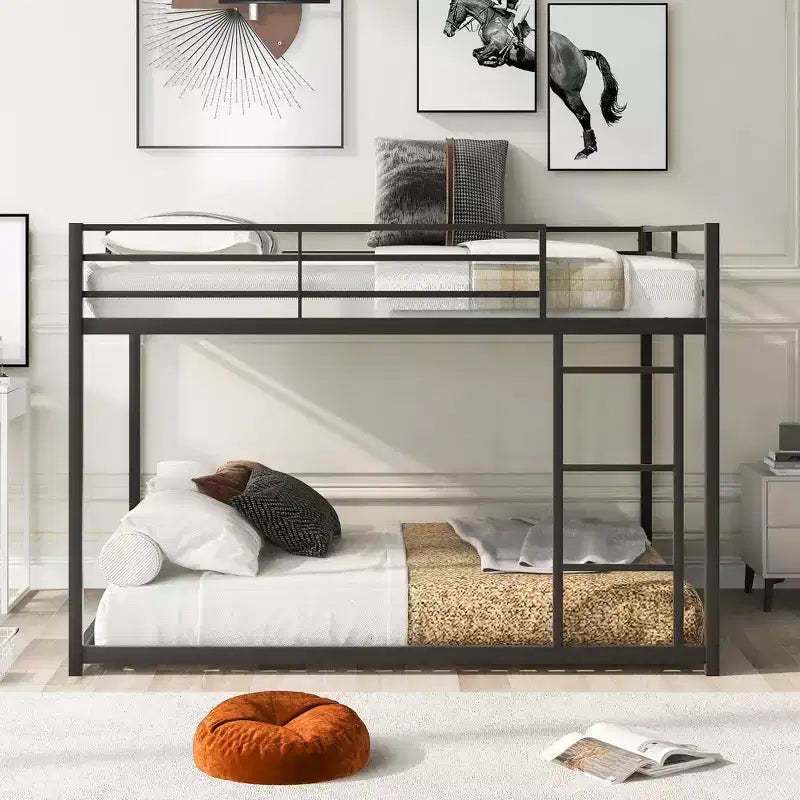 Okak 77.1IN Full-Over-Full Size Metal Floor Bunk Bed, Twin Bed with Ladder and Safety Guardrail, Kids Bunk Beds for Bedroom, Dormitory, Black