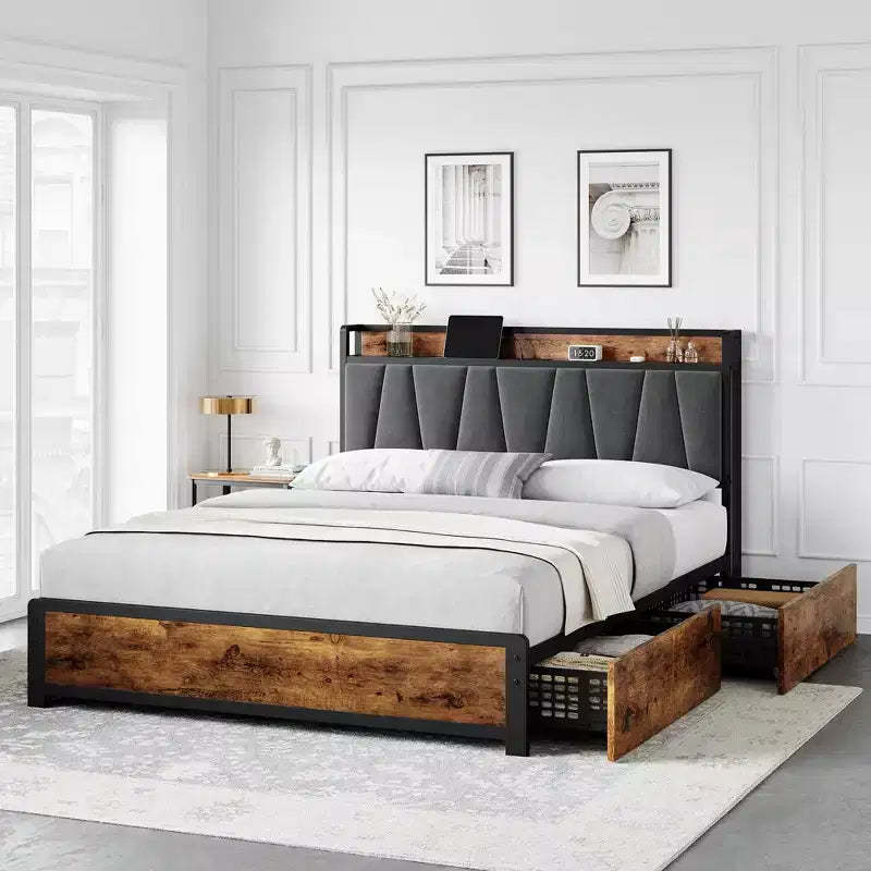 Rustic BrownStorage Bed Frame  4-Drawer Platform with Charging Station (No Box Spring Needed)