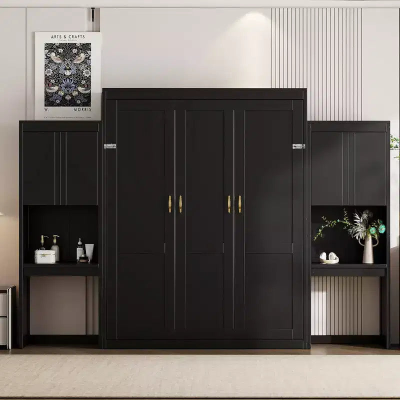 Queen Size Murphy Bed Space-saving Wall Bed Foldable Bed with Desk, Vanity with Mirror & Cabinets - ModernLuxe