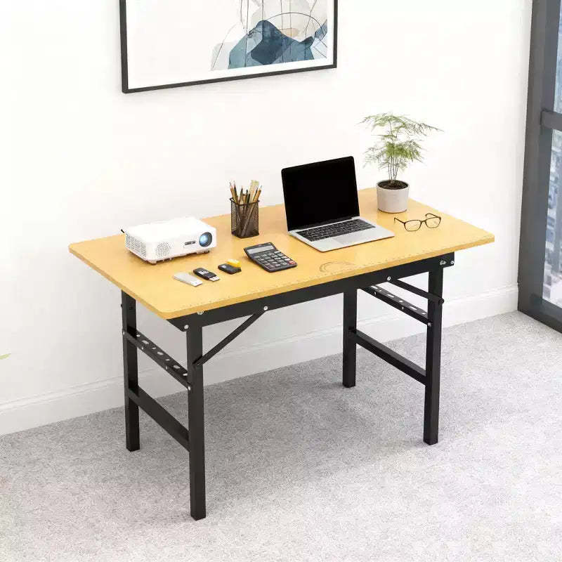 Homy Casa Folding Work Desk with Metal Frame, Natural Wood Finish  Compact Home Office Table