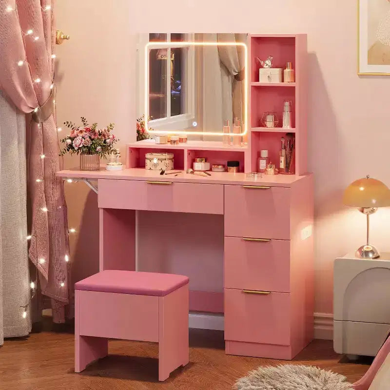 Vanity Desk With Mirror and Lights, Dressing Table With 3 Color Modes LED Lighted, Storage Stool for Bedroom, for Girls and Women,Pink