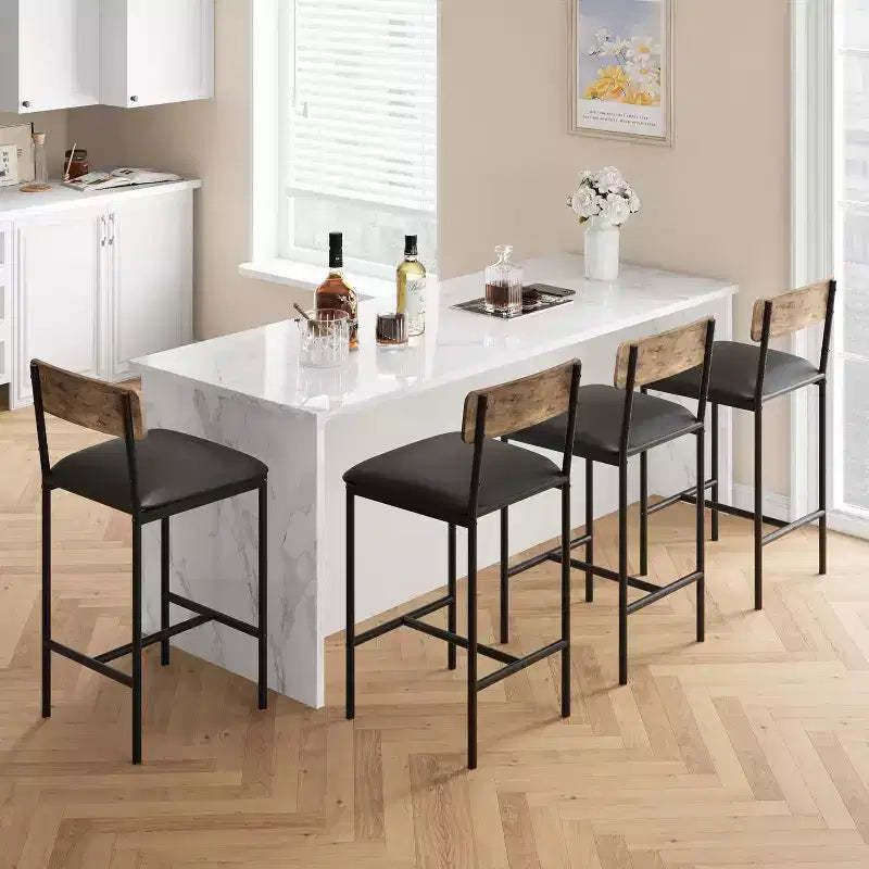 Bar Stools Set of 6, Kitchen Bar Stools with Footrest, Upholstered Bar Chairs with Back, Counter Height Barstools for Counter Bar, Easy Assembly