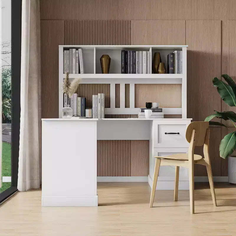 Okak 59.84IN Minimalism L Shaped Desk with Bookshelf, Standing Desk with 2 Drawers, Gaming Desk for Study, Reading Room, Office