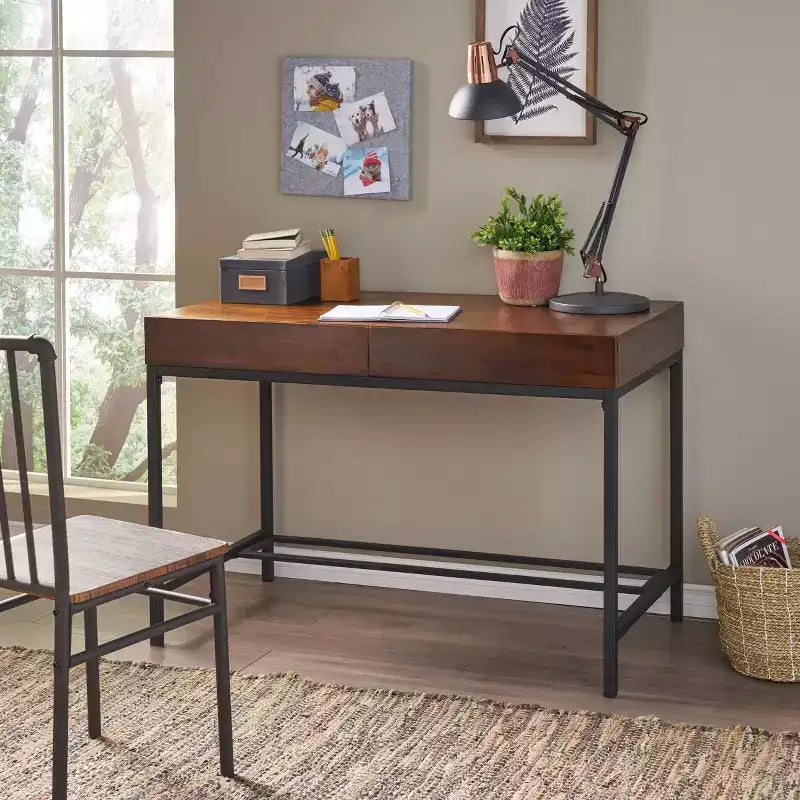 Okak 44IN Retro Standing Desk with Metal Frame, Computer Desk with 2 Drawers, Home Office Desks for Living Room, Study, Reading Room, Oak