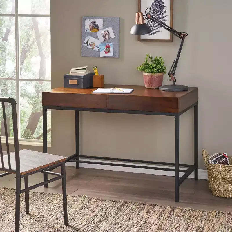 Okak 44IN Retro Standing Desk with Metal Frame, Computer Desk with 2 Drawers, Home Office Desks for Living Room, Study, Reading Room, Oak
