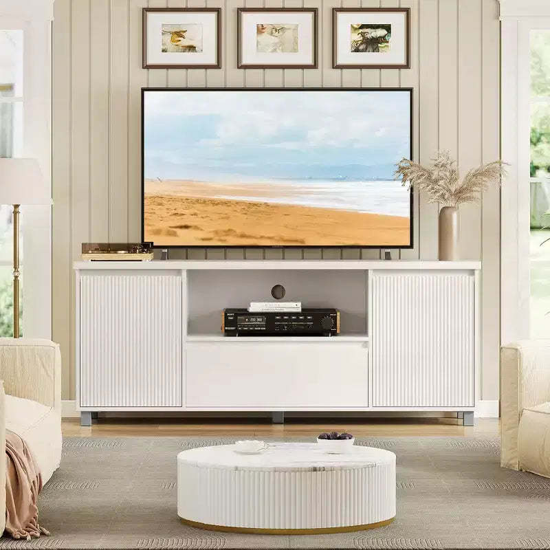 63'' Fluted TV Stand for TV up to 70'', Modern Entertainment Center with Drawer, 2 Storage Cabinets and Open Shelf, TV Media Console Table
