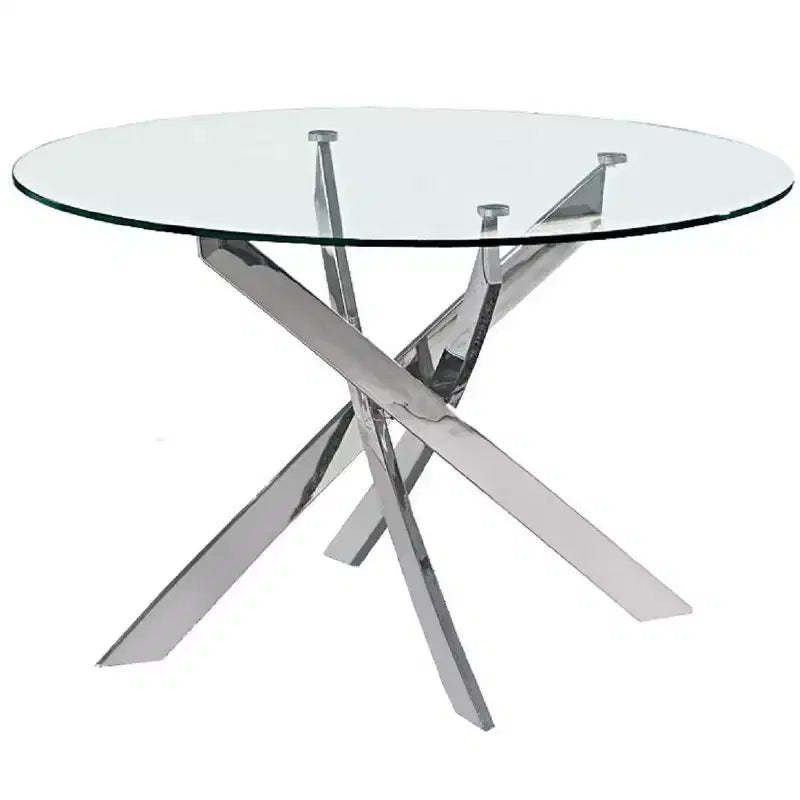 HomeRoots 48 Clear and Silver Glass and Metal Cross Leg Base Round Top Dining Table