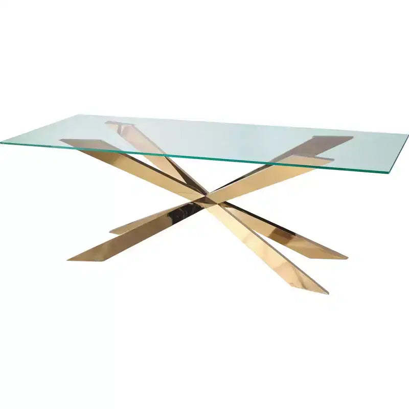 HomeRoots 72 Clear and Gold Glass and Metal Cross Leg Base Dining Table