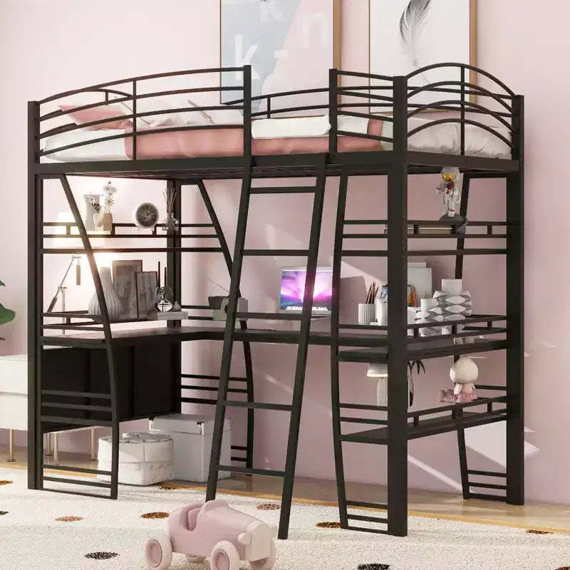 Bellemave Twin Size Loft Bed with Desk and Bookcase with Metal Frame, Loft Bed with Desk and Storage, Black