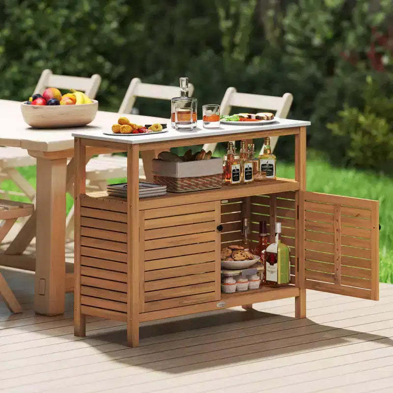 Costway Patio Wood Storage Cabinet with Marble-Like Countertop, Open Shelf & 2 Doors