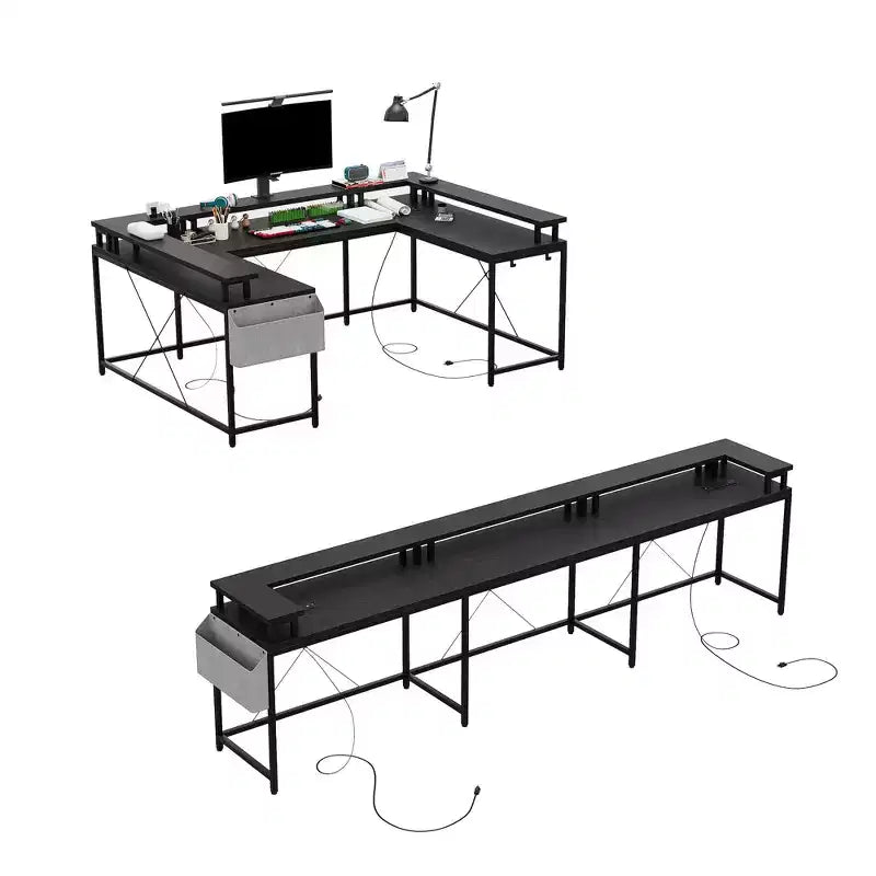 U-shaped computer desk, reversible L-shaped console table with sockets, light strip and monitor stand, storage function, suitable for home office