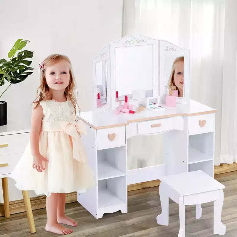 Kids Vanity Table & Stool Set with Tri-Fold Mirror, White Girls Makeup Vanity for Ages 3-9, Featuring Drawers and Open Shelves for Easy Storage