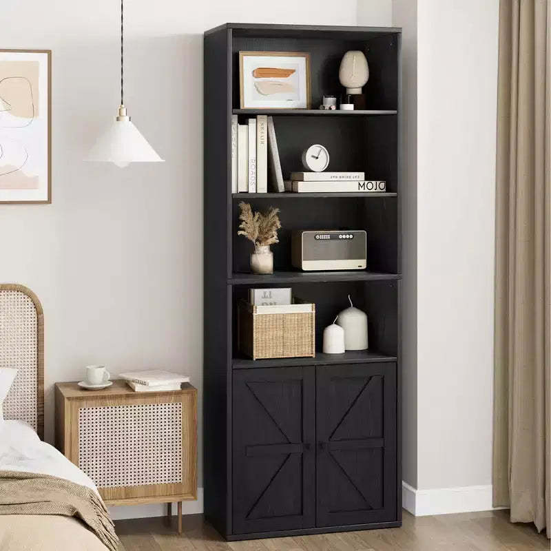 CuisinSmart 71.4 Tall Bookcase with 2 Doors, Freestanding Farmhouse Bookshelf with Storage Shelves for Living Room Bedroom Office