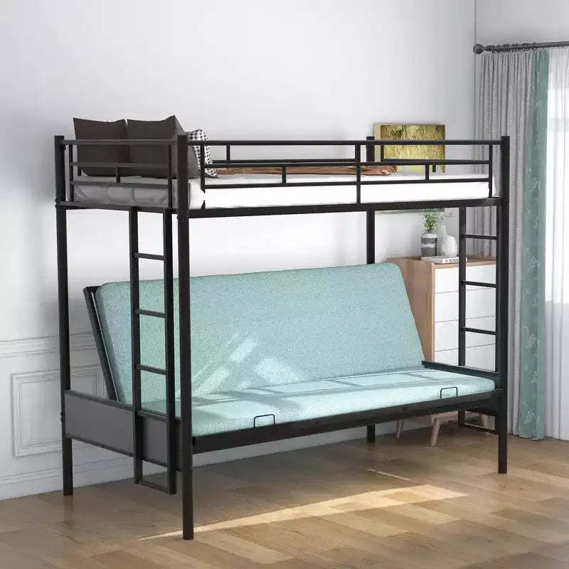 Twin over Full Metal Bunk Bed with Ladder and Guardrails, Down Bed Can be Converted Into Daybed, Multi-Function, Black