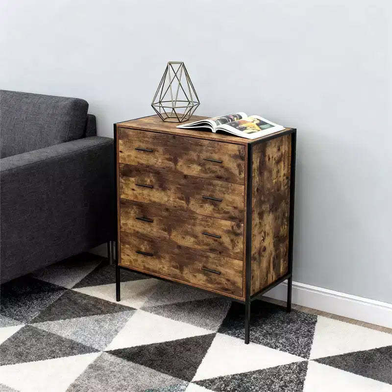 4-Drawer Industrial Style Dresser, Rustic Brown MDF Wood Storage Chest with Sturdy Steel Frame, Clothes Organizer Cabinet for Bedroom Living Room
