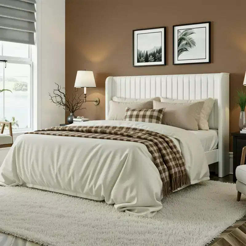 Velvet Upholstered Bed with Wingback Headboard, No Box Spring Needed