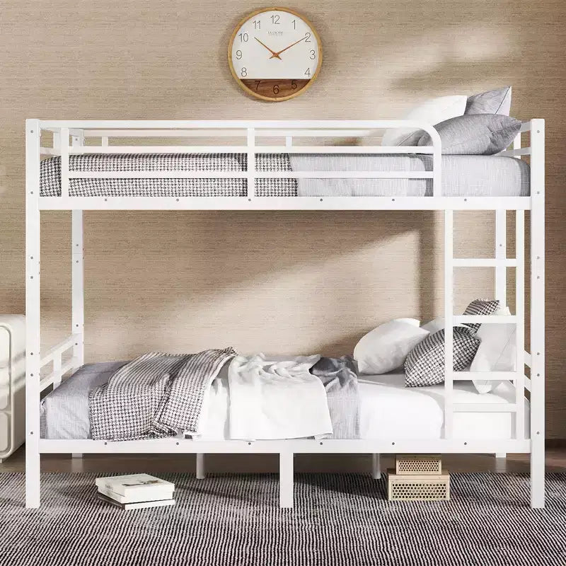 Okak 82.7/77.56IN Bunk Bed with Metal Frame, Space-Saving Bed Frames with Ladder and Safety Guardrails, Twin Bed for Kid