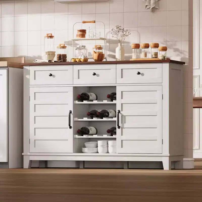 53.5 in Farmhouse Buffet Cabinet with Storage, Storage Cabinet with 3 Drawer, Reversible Wine Rack, Farmhouse Sideboard with Adjustable Shelf