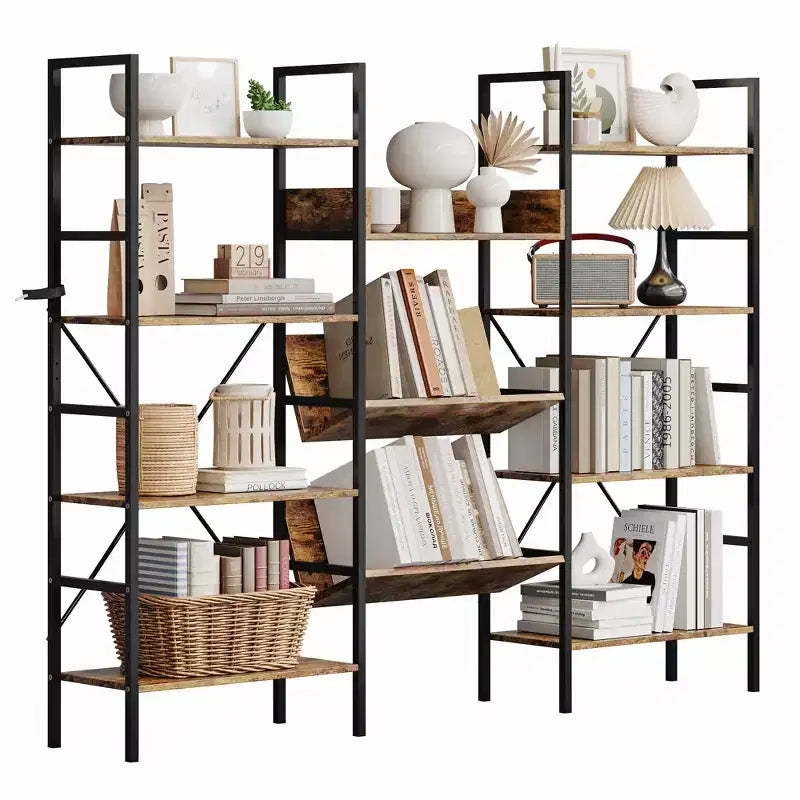 Bookshelf, 4-tier bookcase with 11 open display shelves, rustic industrial style bookshelf for bedroom, living room and home office