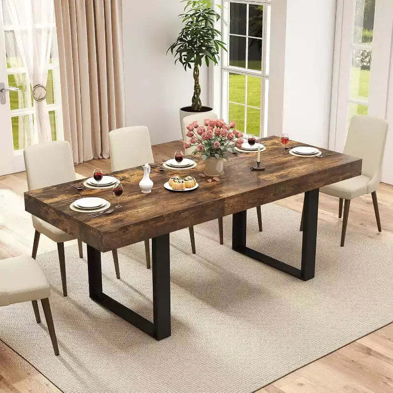 Zevemomo 63-78.7 Expandable Farmhouse Table, 6-10 Seater with Metal Track & Tapered U-Legs, Rustic Brown Rectangular Table for Dining Room & Office