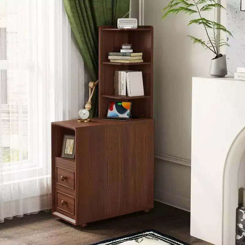 Whisen End Table & Corner Table with Drawers, Open Shelves for Bedroom and Corner - Walnut