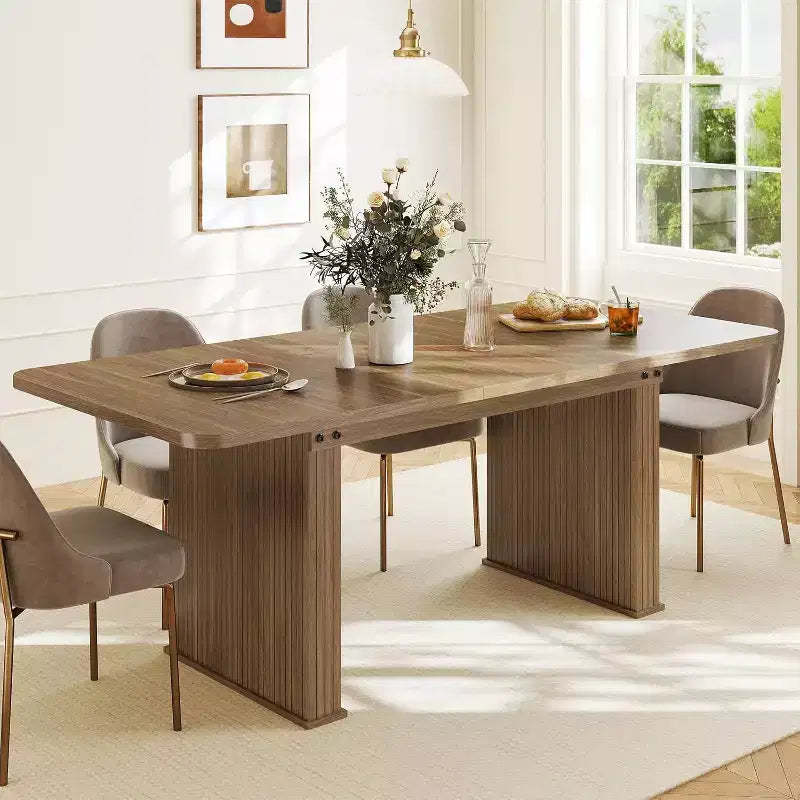 Zevemomo Modern Dining Table for 6-10 People, Wood Kitchen Table with Double Robust Pedestal, Wooden Dinner Table for Dining Room