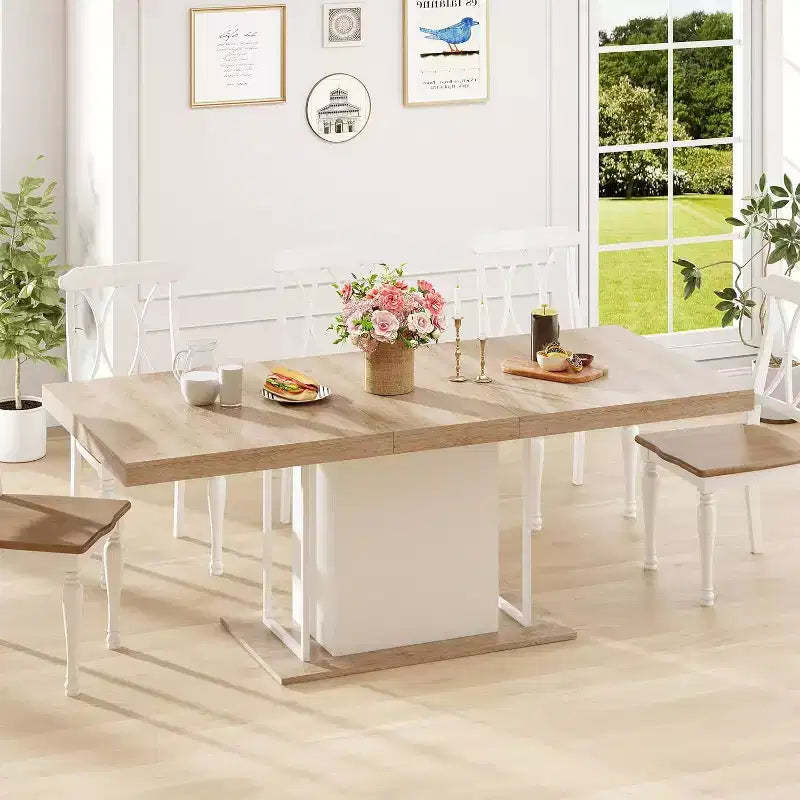 Zevemomo 63-78.7 Expandable Farmhouse Table, 6-10 Seater Wooden Dining Table with Metal Track & Central Base, Oak Finish for Living Room & Home
