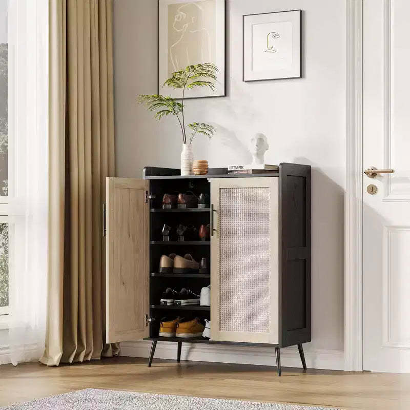 5-Tier Rattan Shoe Cabinet with 2 Doors, Adjustable Shelves, Wooden Shoe Rack for Entryway,