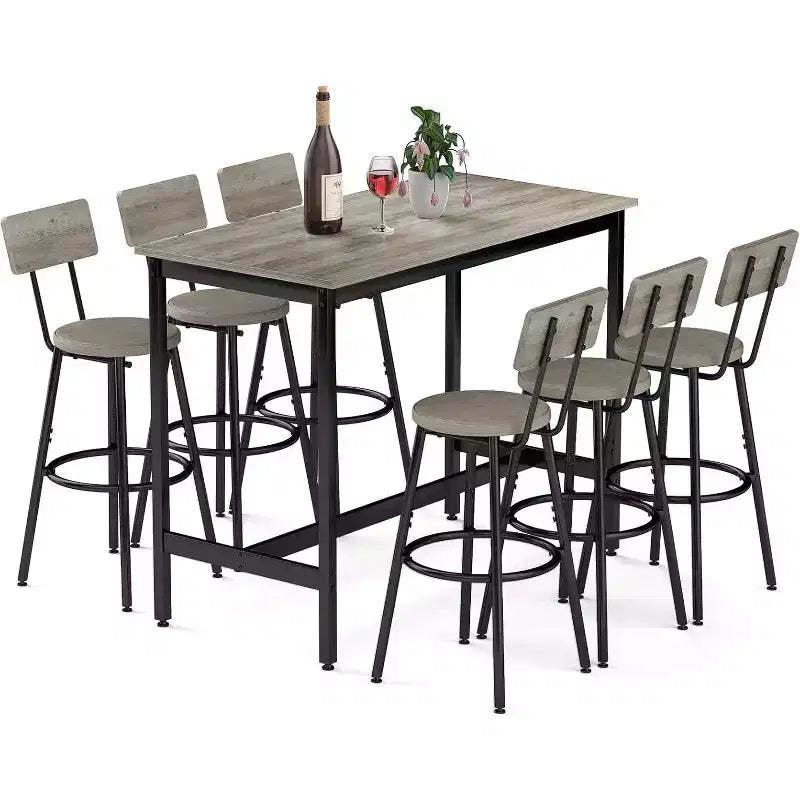 Zevemomo 7-Piece Counter Height Dining Set, 6 PU Upholstered Stools, Space-Saving High Top Table Set for Small Spaces, Grey