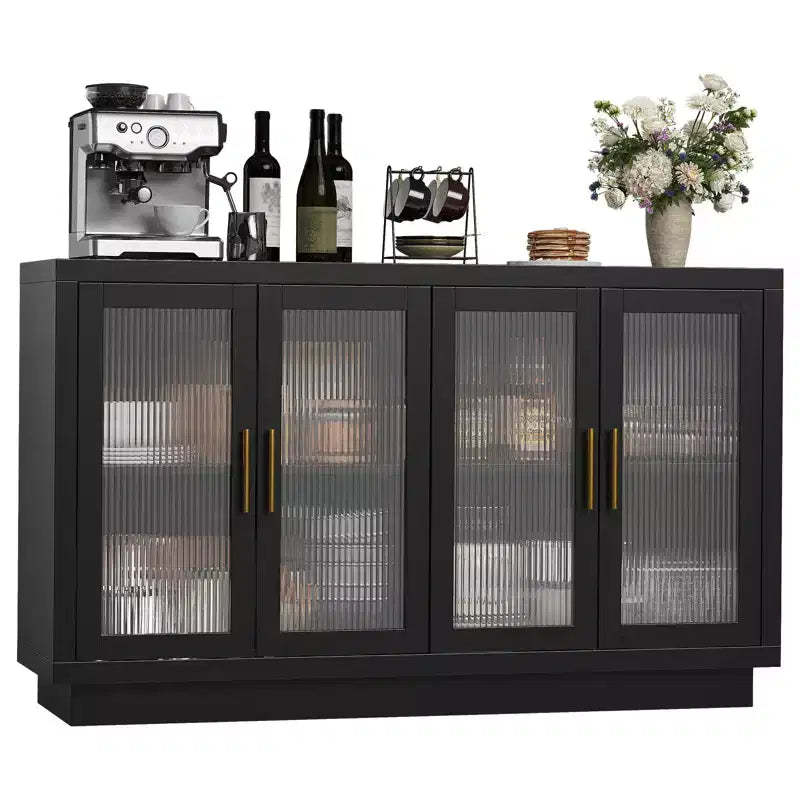 Black Buffet Sideboard Cabinet with 4 Glass Doors and Adjustable Shelves, Modern Dining Room Storage