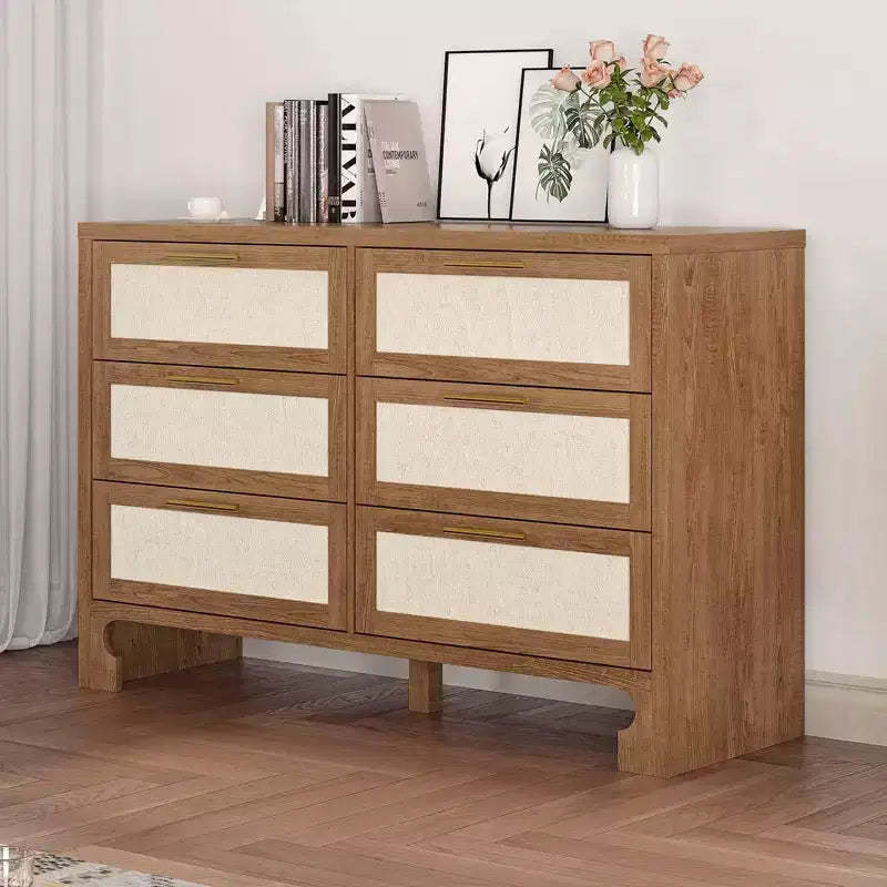 6 Drawer Double Dresser for Bedroom, Wooden Dresser Chest with Burlap Design, Classified Storage Chest of Drawers with Gold Metal Handle