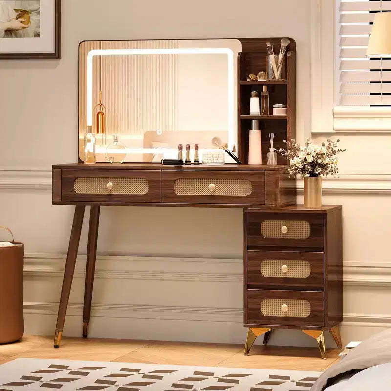 Whisen Makeup Vanity Table with Mirror, Lights, 5 Drawers and Storage Shelf