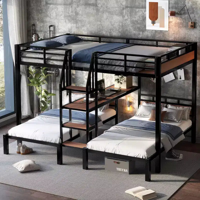 Queen over Twin over Twin Metal Bunk Bed ,Triple Metal Bunk Bed with Storage Shelves and Storage Stairs,Black