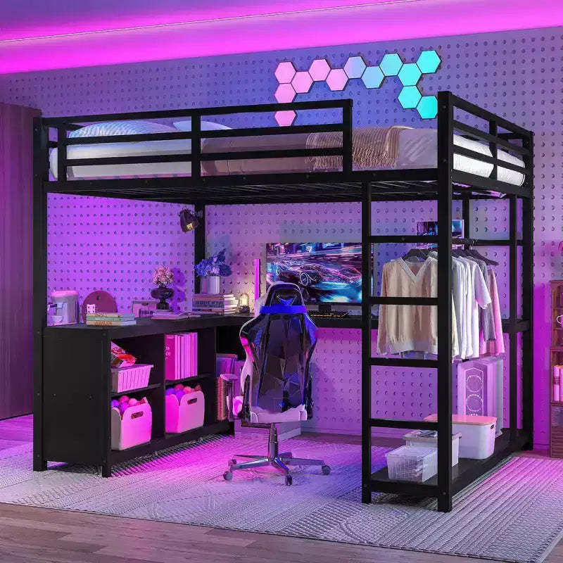 Metal Loft Bed with Wardrobe and L-shaped Desk, Queen Size Loft Bed with Storage Cubes and Shelves, Loft Bed for Kids Teens Adults, Black