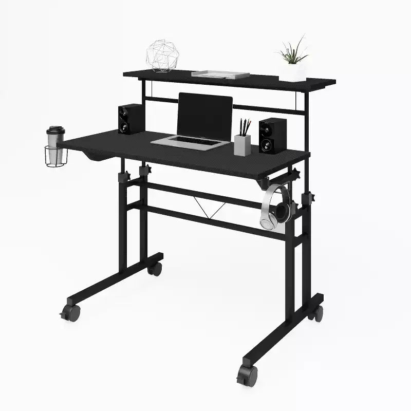Okak 35.25IN Modern Computer Desk with Height-Adjustable Desktop, Gaming Desk with Moveable Shelf, Standing Desk for Living Room, Bedroom