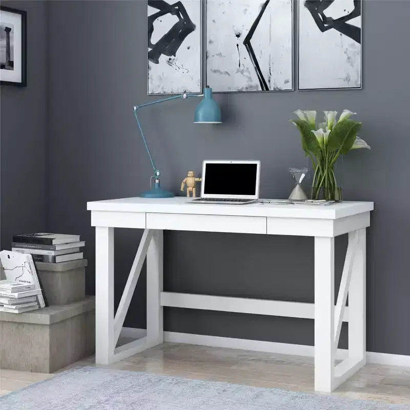 Okak 47.5IN Modern Computer Desk with Reinforced Table Legs, Office Desk with 1 Drawer, Standing Desk for Living Room, Office, Study, White