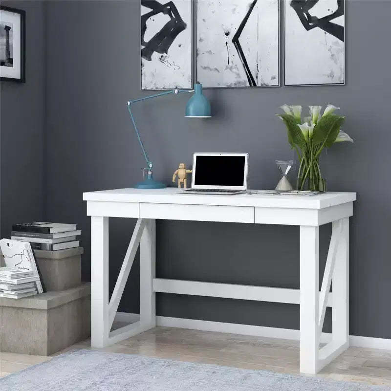 Okak 47.5IN Modern Computer Desk with Reinforced Table Legs, Office Desk with 1 Drawer, Standing Desk for Living Room, Office, Study, White