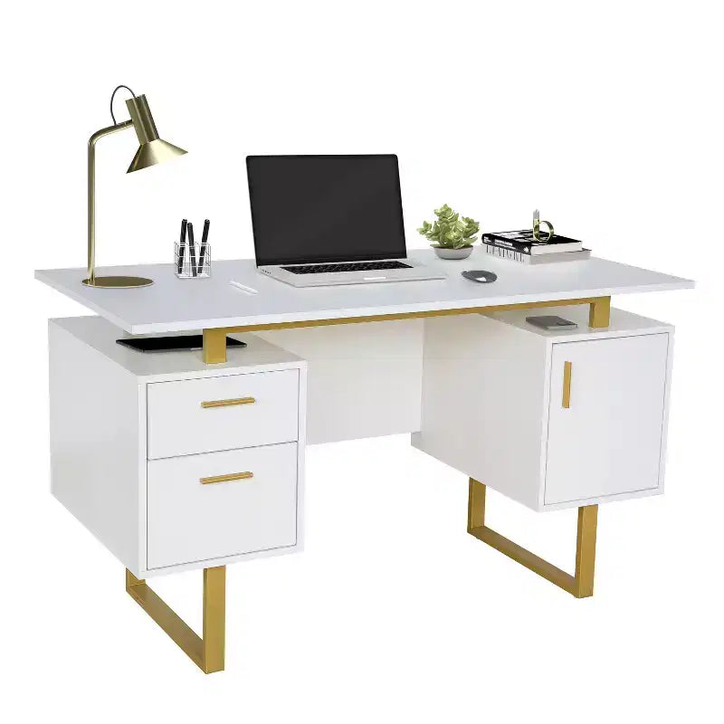 Okak 51.25IN Modern Office Desk with Golden Legs, Standing Desk with 2 Drawer and 1 Cabinet Door, Computer Desk for Living Room, Study, Golden+White