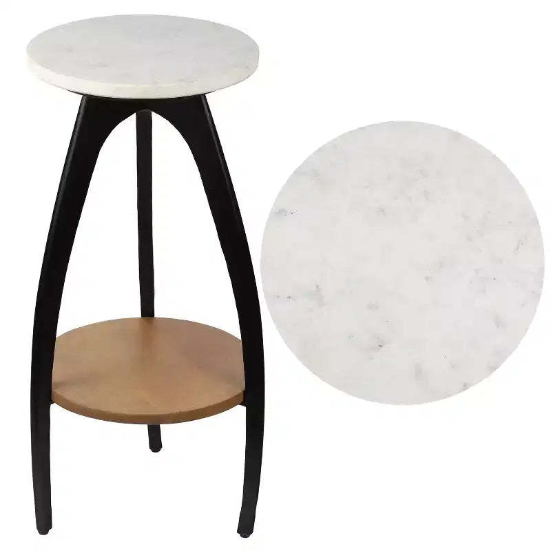 JONATHAN Y Ollie 24.5 Designer Metal Tripod Drink Table & Decorative End Table with White Marble Round Top & Wood Undershelf