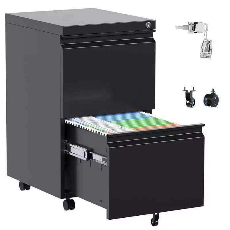 Vertical File Cabinet 2-Drawer, Metal Filing Cabinet with Lock for Legal Letter Size, Mobile Office Storage Solution Under Desk