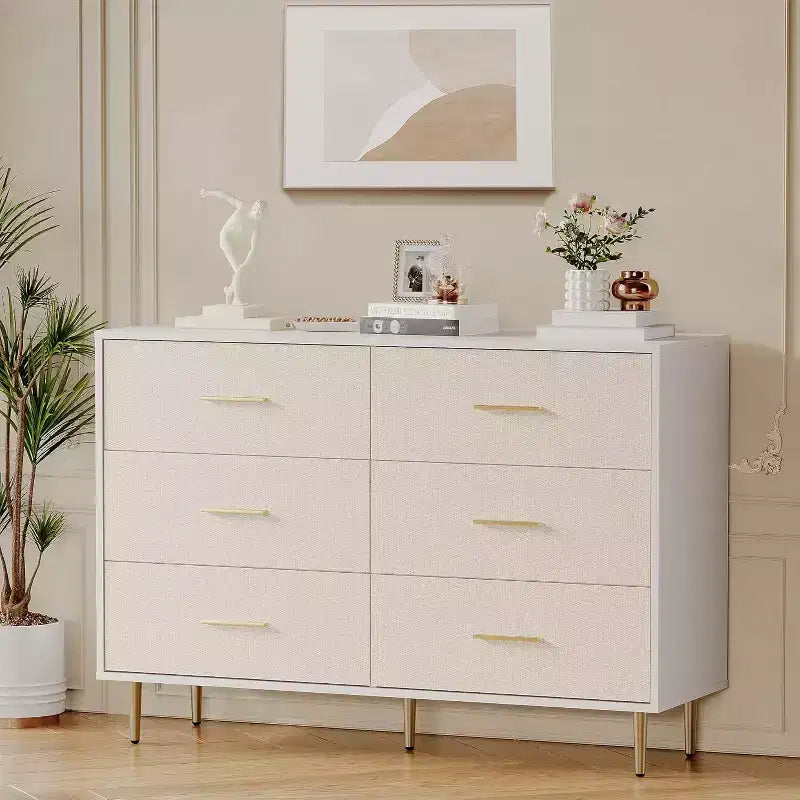 6-Drawer Dresser, Modern Wooden Bedroom Chest of Drawers With Handles and Storage Drawers, Farmhouse Style TV Stand for Living Room, Bedroom, Hallway