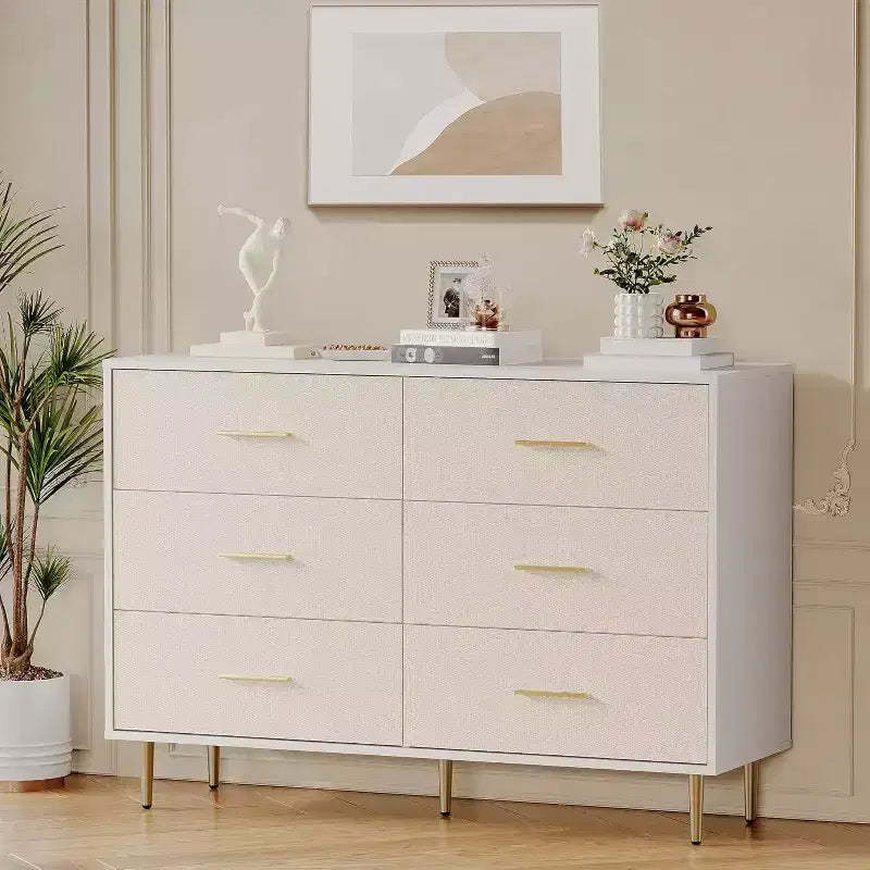 6-Drawer Dresser, Modern Wooden Bedroom Chest of Drawers With Handles and Storage Drawers, Farmhouse Style TV Stand for Living Room, Bedroom, Hallway