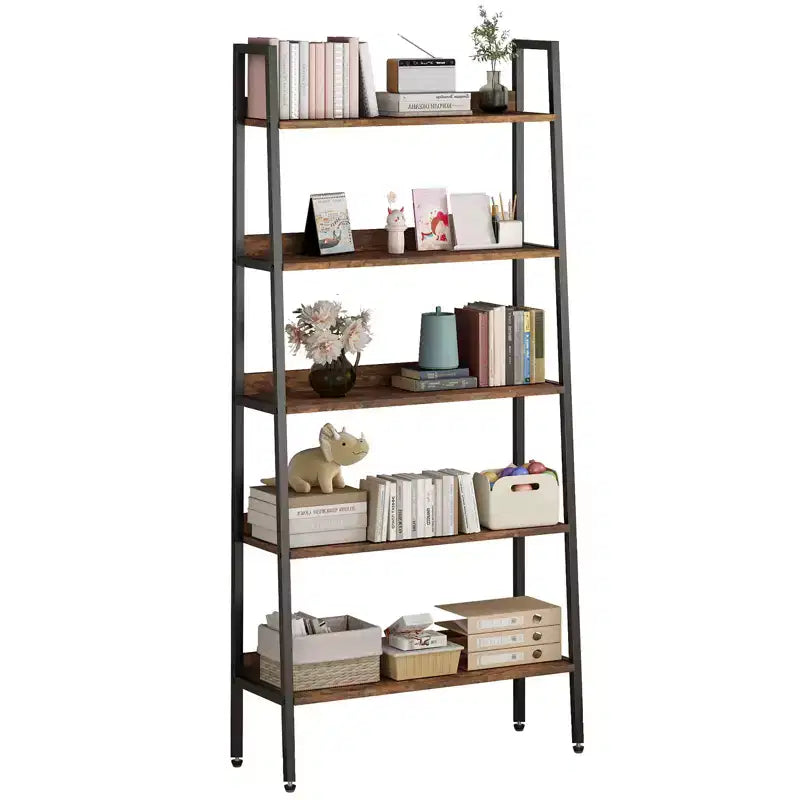 Five-Tier Metal Storage Bookshelf with Adjustable Feet Farmhouse-Style Open Bookshelf Vintage Brown Storage Rack Ideal for Offices, Living Rooms