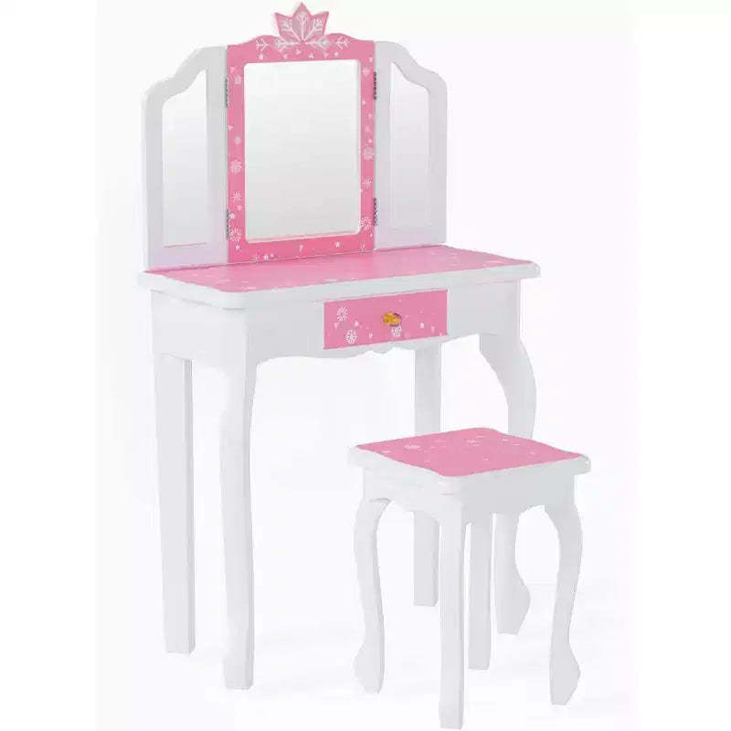 JOYMOR Kids Vanity Set, Wooden Princess Makeup Table with Stool, Tri-Folding Mirror, Large Drawer and Solid Wooden Legs, Pink